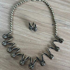 Vintage Stainless Steel Jewelry Rabbit Head Necklace Chain & Earrings
